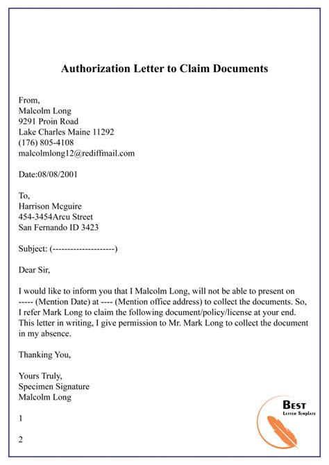 Generally, such letters are written for giving authority to take the decision on your you can issue an authority letter to your any friend, colleague, family member, junior. Authorization Letter To Claim Money