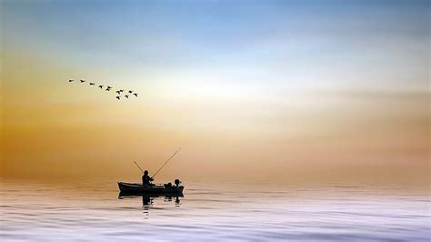 Early Morning Fishing Motor Boat Birds Sky Lake Fisherman Firefox