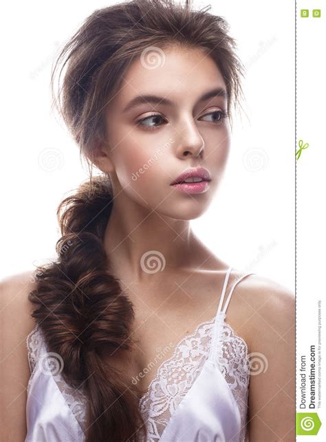 Beautiful Girl In Image Of Bride With Plait Model With Nude Makeup And