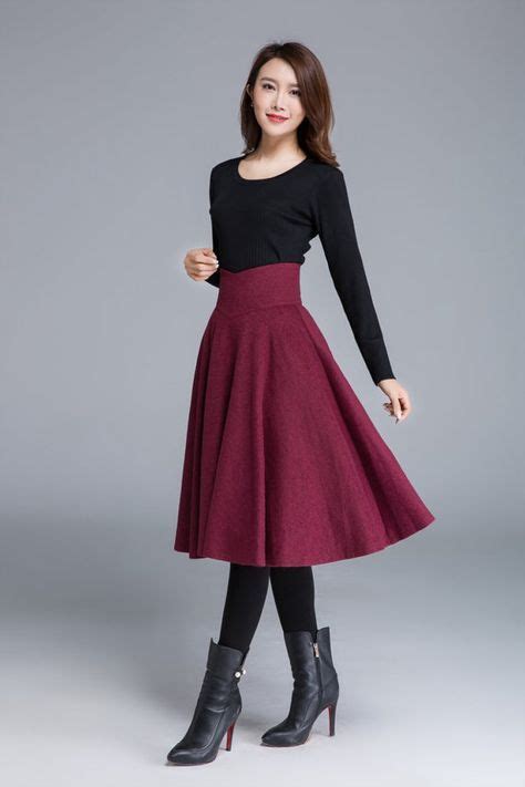 High Waist Flared Midi Skirt In Red Wool Skirt Circle Skirt Knee