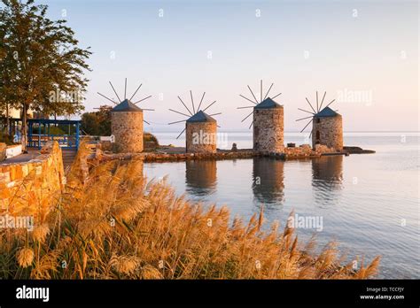 Sunrise Image Of The Iconic Windmills In Chios Town Stock Photo Alamy