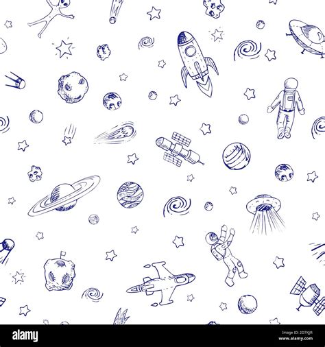 Vector Doodle Space Seamless Pattern With Space Objects Space Ships