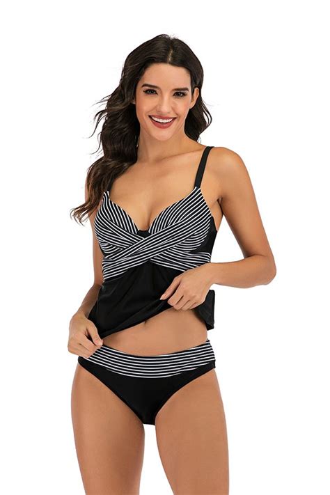 Plus Size Swimwear Tankinis With Strap And Striped Design