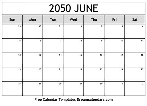 June 2050 Calendar Free Blank Printable Templates