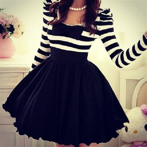 Dress Stripes Pretty Girly Party Black Classy Sweet Skirt Pretty Ribbon Bows Black