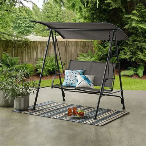 Mainstays Outdoor Patio Steel 2 Person Porch Swing Black Frame With Grey Sling 500 Pounds Seat