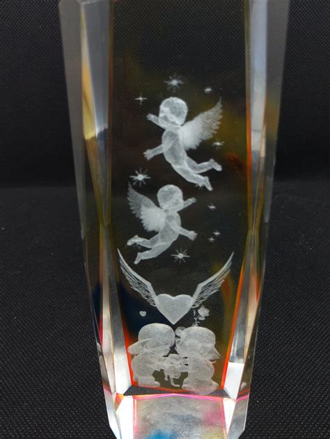 3d Laser Etched Glass Paperweight Featuring Two Cupids Flying Etsy