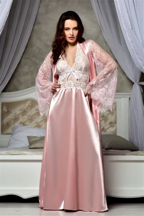 blush pink bridal peignoir set satin lace kimono bride robe etsy