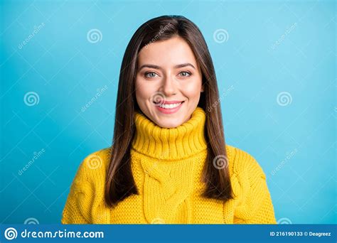 Close Up Portrait Of Attractive Cheerful Content Girl Wearing Cosy Sweater Isolated Over Bright