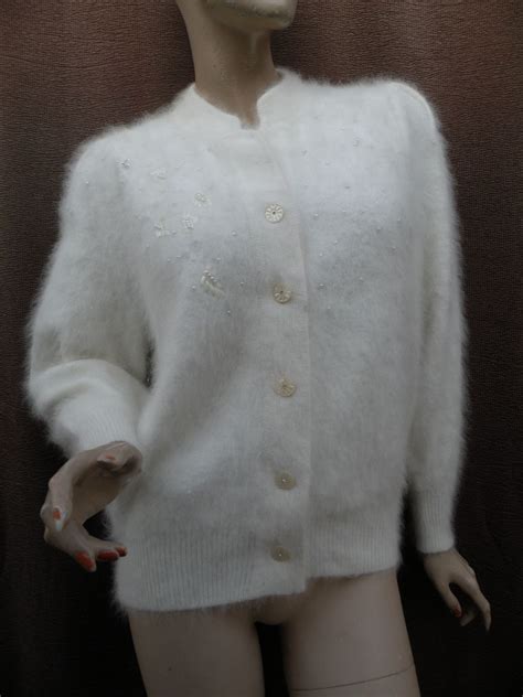 Vintage Super Fuzzy Angora Pearled Embellished Korea Made Cardigan