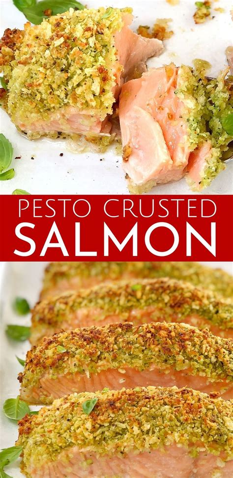 Baked Pesto Salmon Fresh Salmon Fillets Topped With A Crunchy Basil Pesto Crust Then Oven