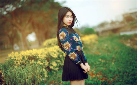 wallpaper women outdoors model asian dress green yellow blue skirt fashion spring
