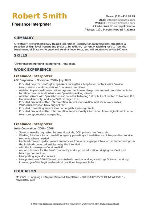 Freelance Interpreter Resume Samples Qwikresume