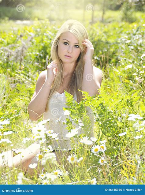 Beautiful Blonde Woman In Flowers Stock Photo Image Of People