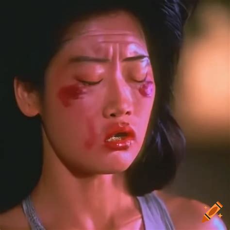 bruised asian woman martial arts fighter in an 80s action movie scene on craiyon