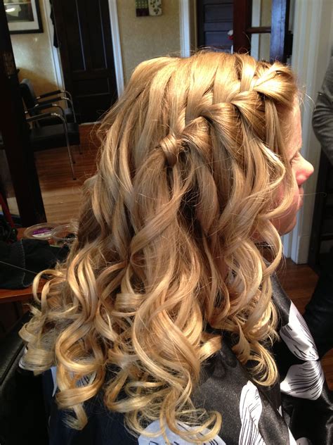 This works on well on damp hair (about 80%) dry where you divide your hair into three even sections. Homecoming hair. Waterfall braid with curls | Hair styles ...