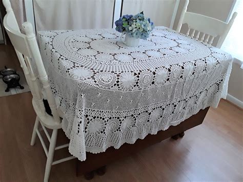 Vintage Crocheted Tablecloth White Oval Circles Design Large Etsy