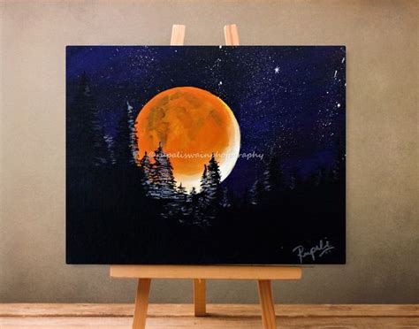 Lunar Magic Bob Ross Style Moon Painting Starry Golden Full Etsy
