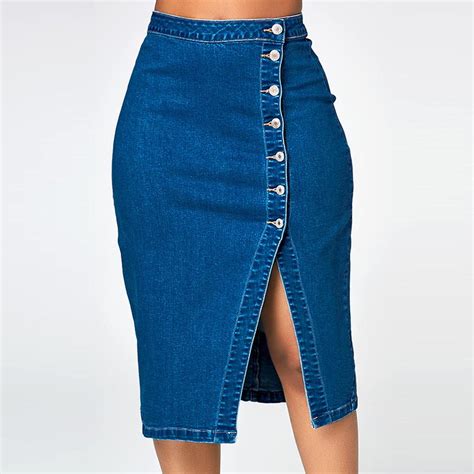 Women Fashion Denim Pencil Skirt High Waist Blow Knee Blue Jeans Skirts Faldas Mujer Moda 2019