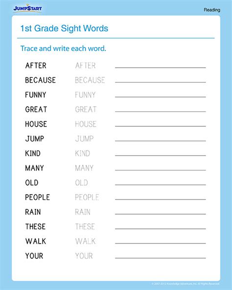Sight Words Printable Worksheets For 1st Graders Jumpstart
