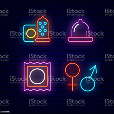 Condom Neon Icons Set Mars And Venus Symbols Collection Outer Glowing