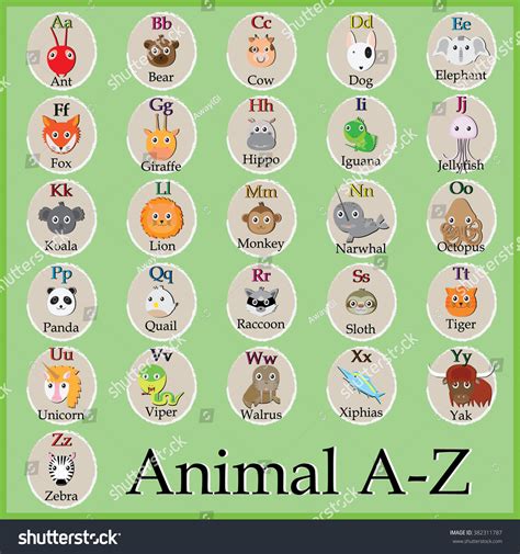 Cute Animal Alphabet Funny Cartoon Character Stock Vector