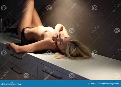Erotic Nudes Woman Kneadling Dough In Kitchen Stock Image Image Of