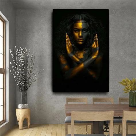 BLACK AND GOLD African Nude Woman Indian Oil Painting Canvas Wall Art