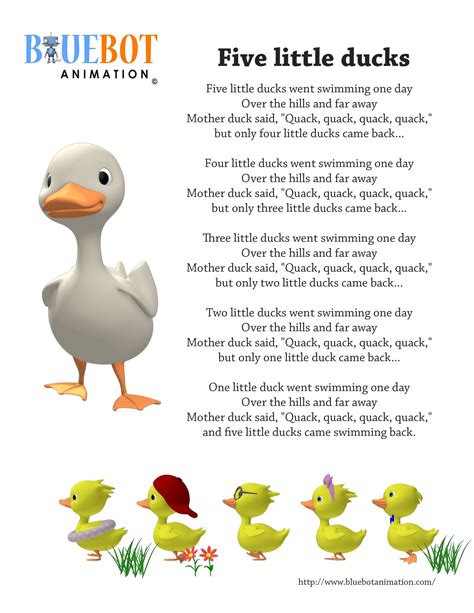 Five Little Ducks 5 Little Ducks Nursery Rhyme Lyrics Free Printable