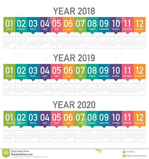 Year 2018 2019 2020 Calendar Vector Stock Vector Illustration Of