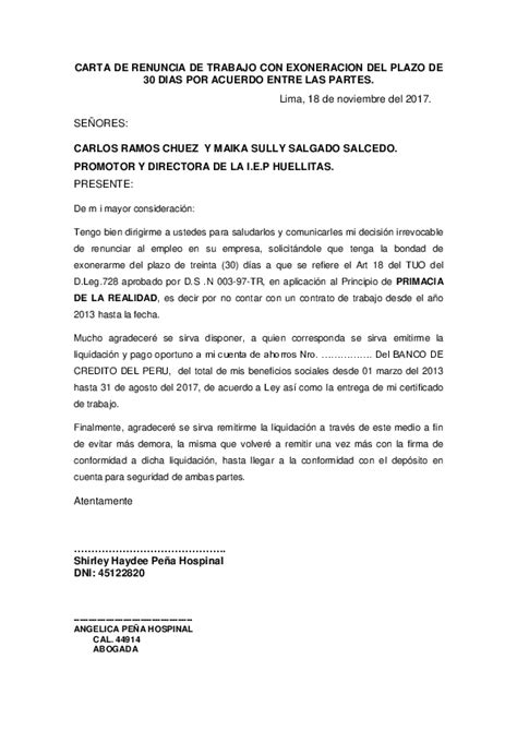 Carta De Renuncia De Trabajo Con Exoneracion Del Plazo De 30 Dias Por