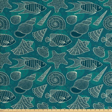 Sea Shells Fabric By The Yard Nautical Ocean Pattern Underwater World