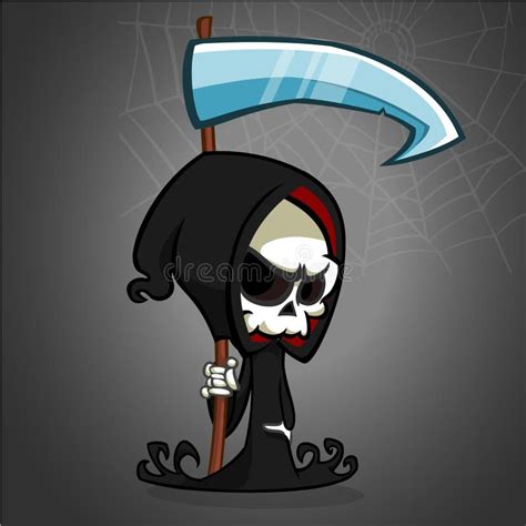 Cute Cartoon Grim Reaper With Scythe On White Vector Illustration