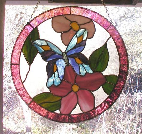 Butterfly And Flowers Stained Glass Hanging Panel Stained Glass Paint Stained Glass Projects