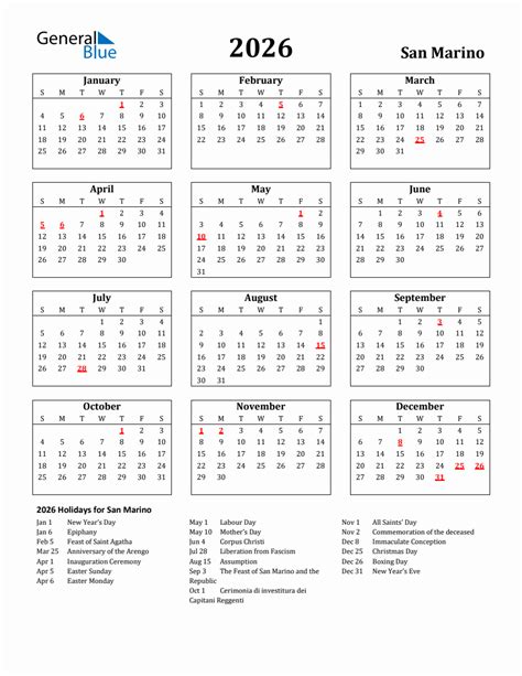Free Printable 2026 San Marino Holiday Calendar