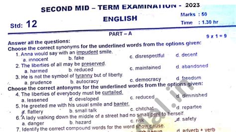 12th English Second Mid Term Test Question Paper Answer Key 2023