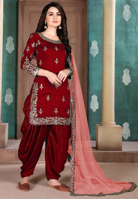 Embroidered Art Silk Punjabi Suit In Red Kch6035
