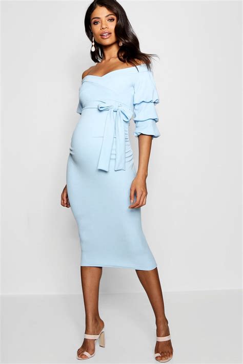 Maternity Off Shoulder Detail Midi Dress Boohoo In Maternity