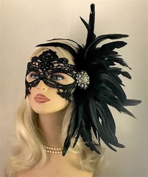 Black Lace Masquerade Mask With Black Feathers Masked Ball Etsy
