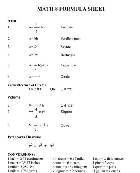 Math 8 Formula Sheet All In One Place