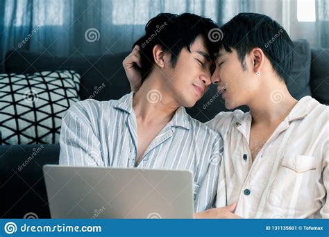 Young Gay Couple Sitting On The Floor Stock Image Image Of Looking Smile 131135601