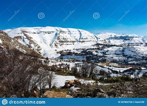 Snow Capped Mountains At The Lebanon Ski Resort Faraya Stock Photo