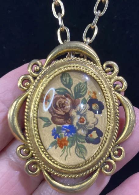 Vintage Corday Solid Perfume Floral Themed Locket Pendant Necklace 55