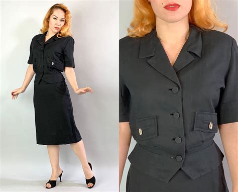1950s Linen Skirt Suit Vintage 50s Black Short Sleeved Edward Barry