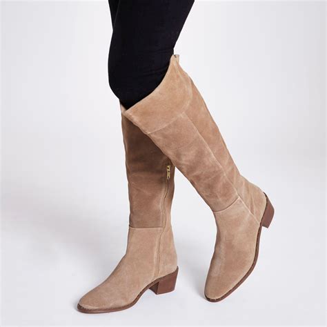 River Island Beige Suede Studded Knee High Suede Boots In Natural Lyst