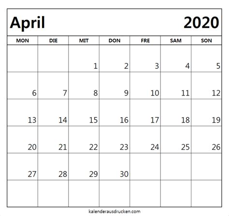 Jahreskalender 2021 mit feiertagen und kalenderwochen (kw) in 19 varianten die kalender können für nichtkommerzielle anwendungen kostenlos heruntergeladen und genutzt werden (bitte die nutzungsbedingungen. Kalender April 2020 | Kalender Zum Ausdrucken