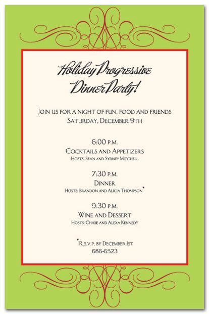 The progressive dinner is a lot of fun but can wind up being expensive, depending on where you go. Embellish Lime Christmas Party Invitations | Progressive dinner party, Progressive dinner ...