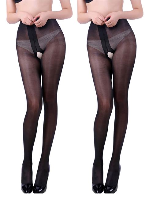 Buy E Laurels Womens Sheer Crotchless Pantyhose Open Crotch High Waist Tights Sexy Shiny Silk