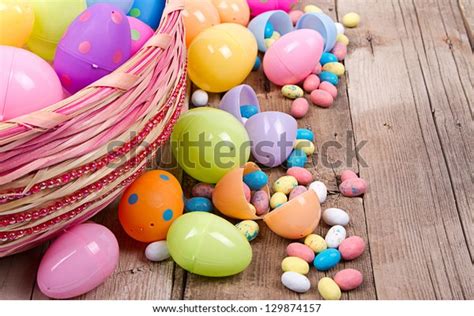 Plastic Easter Eggs Filled Candy Easter Stock Photo 129874157