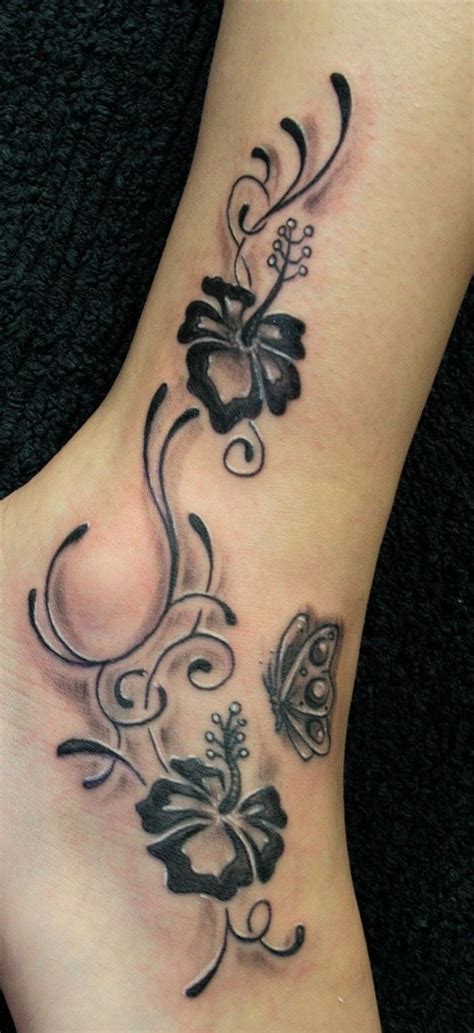 Hibiscus Flowers With Butterfly Tattoo On Foot Tattooimagesbiz